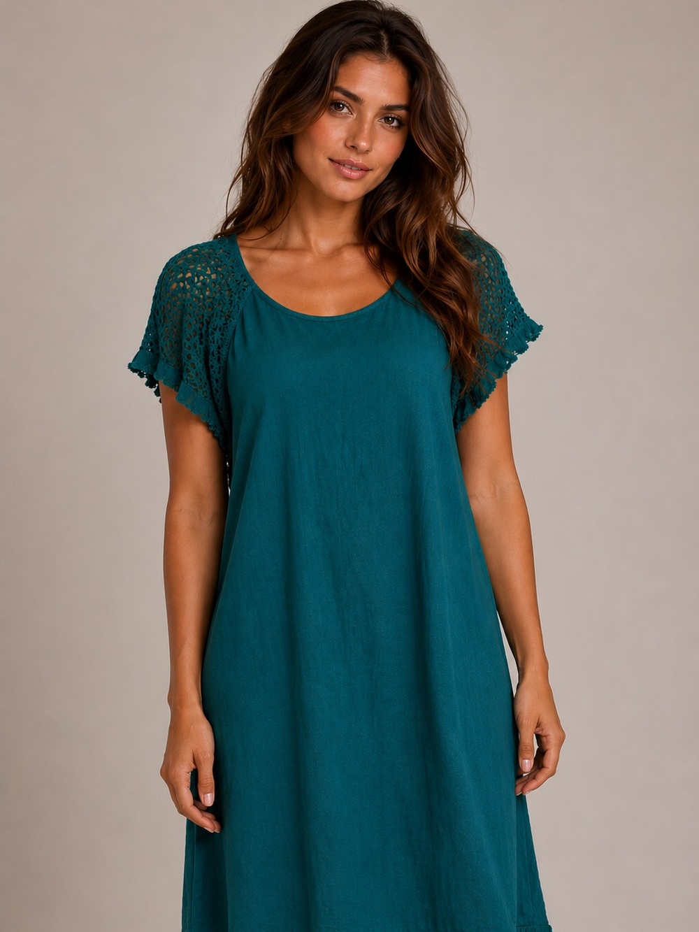 UMGEE Linen Cotton Blend Hi Lo Crochet short sleeve Teal Dress Large